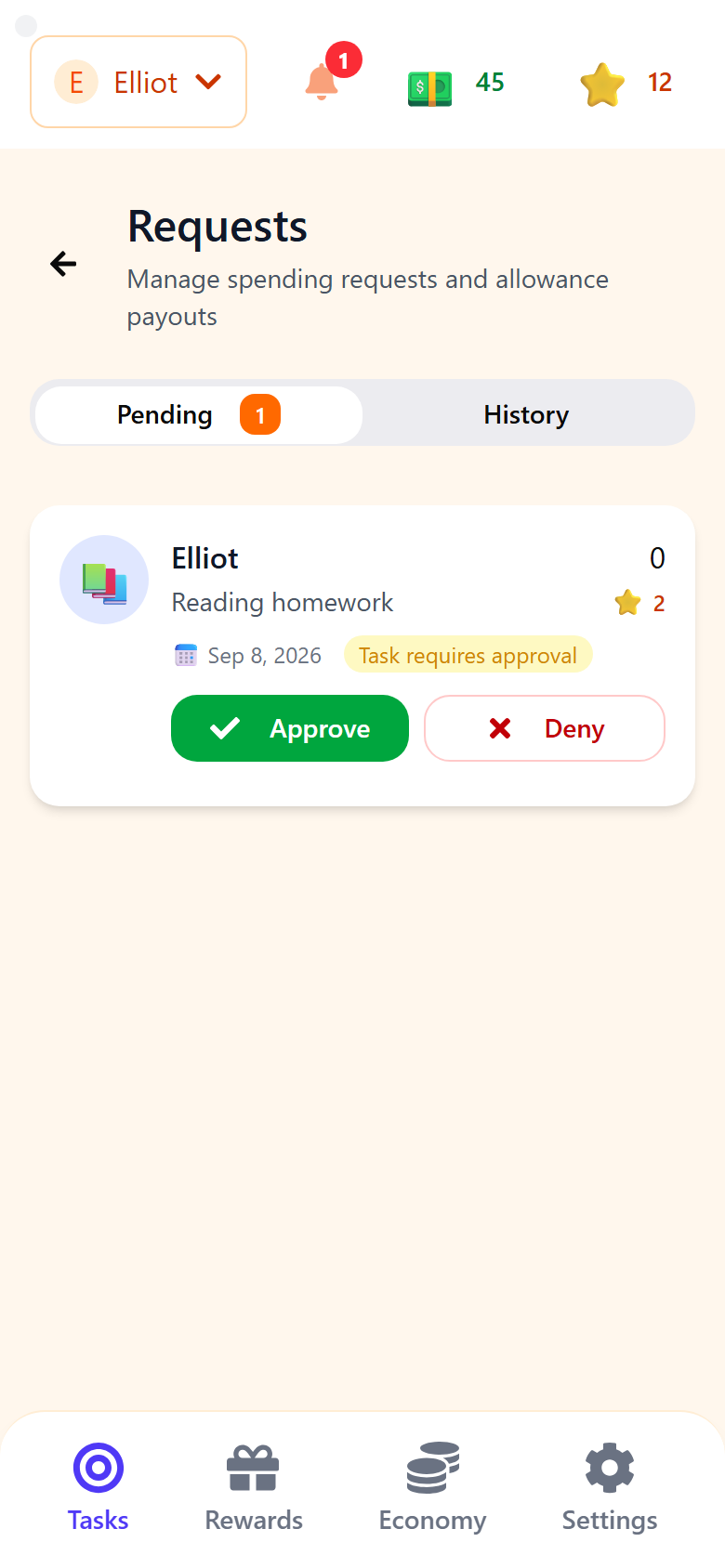 The parent's requests queue: Elliot finished Reading homework, Approve or Deny