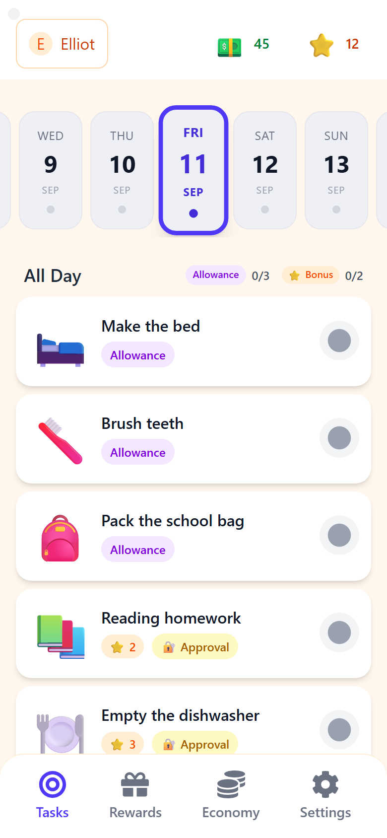 The child's task view in the morning: Make the bed, Brush teeth, Pack the school bag, Reading homework and Empty the dishwasher, nothing ticked yet