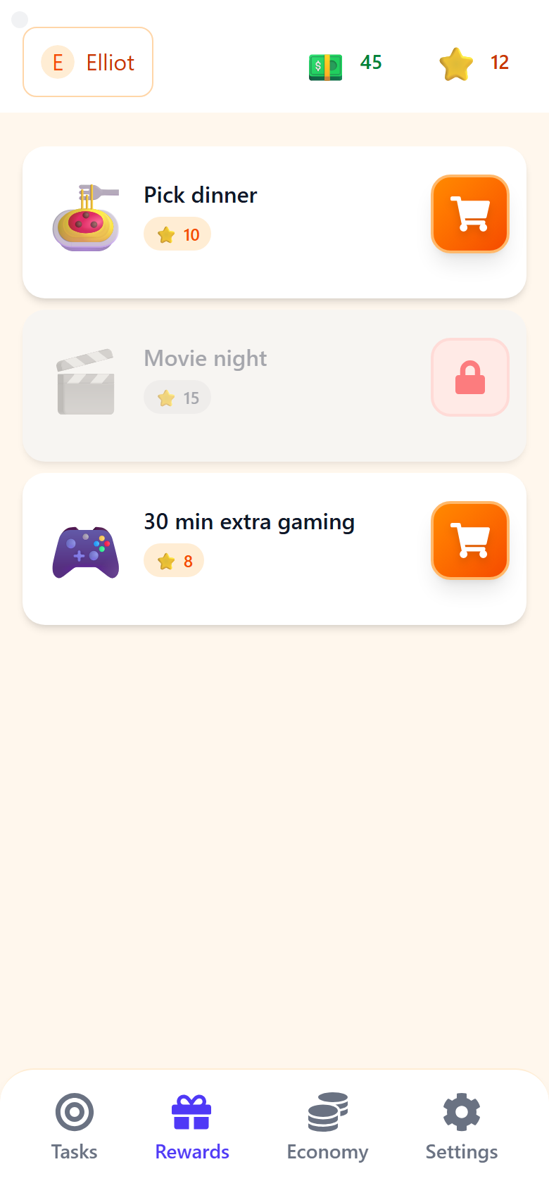 The reward store: Pick dinner for 10 stars, Movie night for 15, 30 min extra gaming for 8