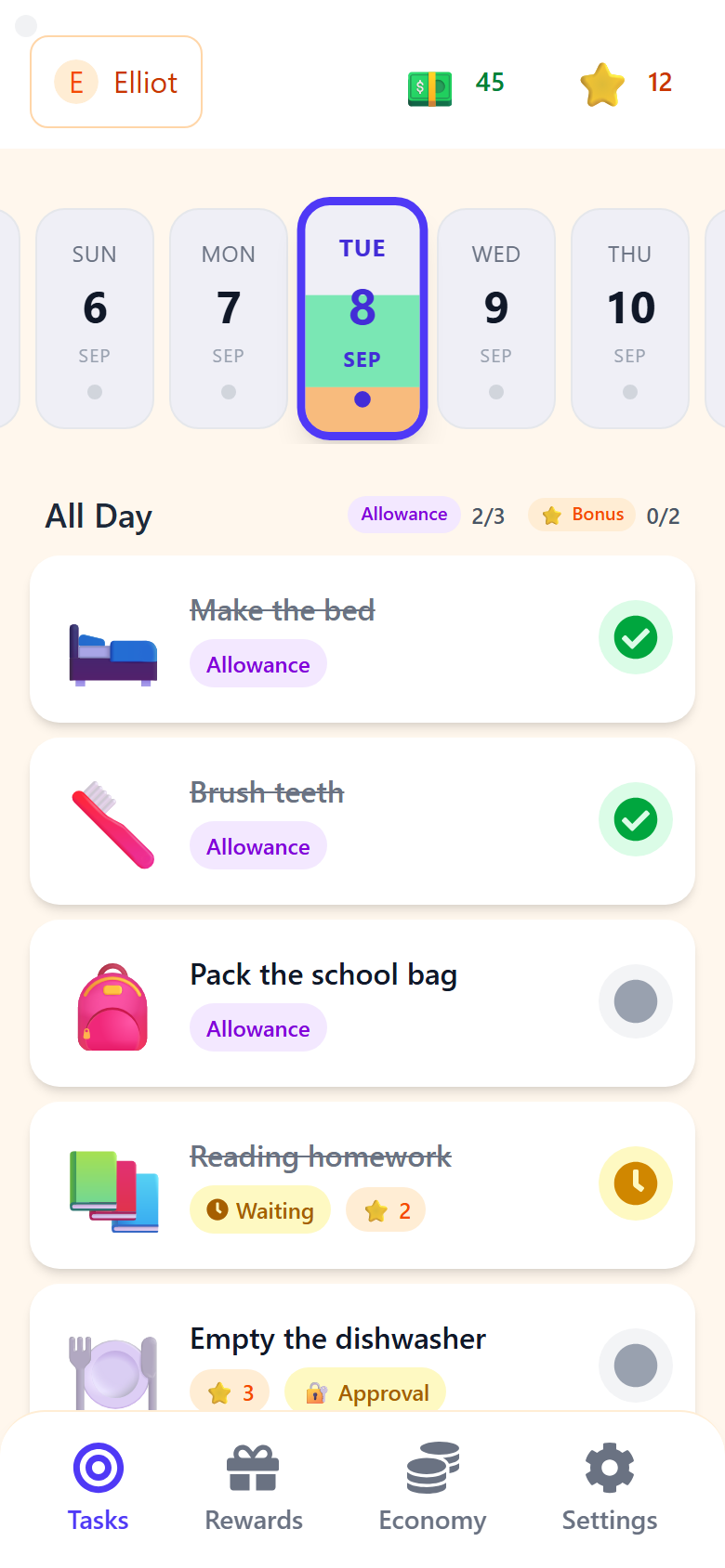 Elliot's tasks today in Earnest Family: Make the bed and Brush teeth ticked off, Reading homework waiting for approval