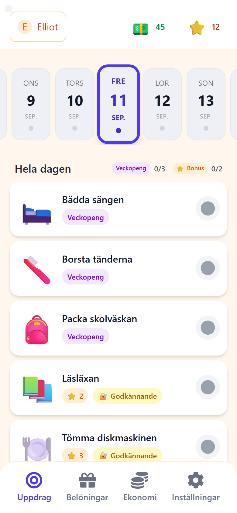 Barnets uppdragsvy på morgonen: Bädda sängen, Borsta tänderna, Packa skolväskan, Läsläxan och Tömma diskmaskinen, inget avbockat ännu