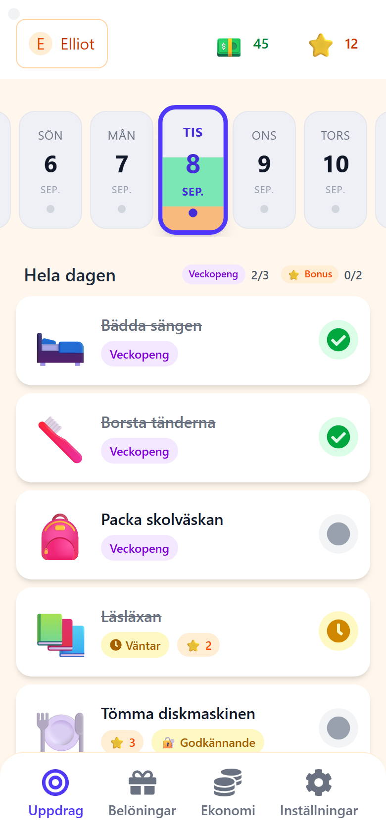 Elliots uppdrag idag i Earnest Family: Bädda sängen och Borsta tänderna avbockade, Läsläxan väntar på godkännande